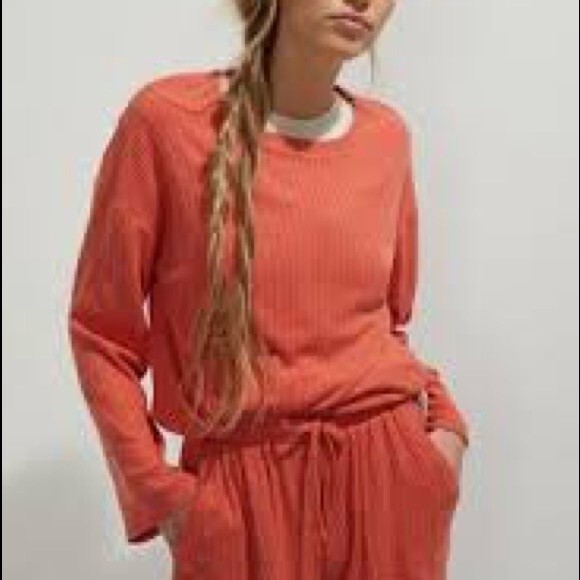 ALL FENIX Leo Sweater Terra Cotta Medium Pullover Ribbed Loungewear Drawstring - Picture 3 of 12